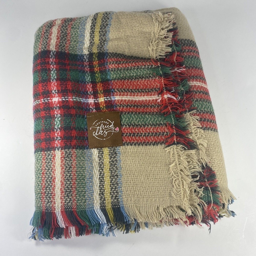 Southern Fried Chics Plaid Blanket Scarf Soft Red Green Tan Christmas Gift NWOT